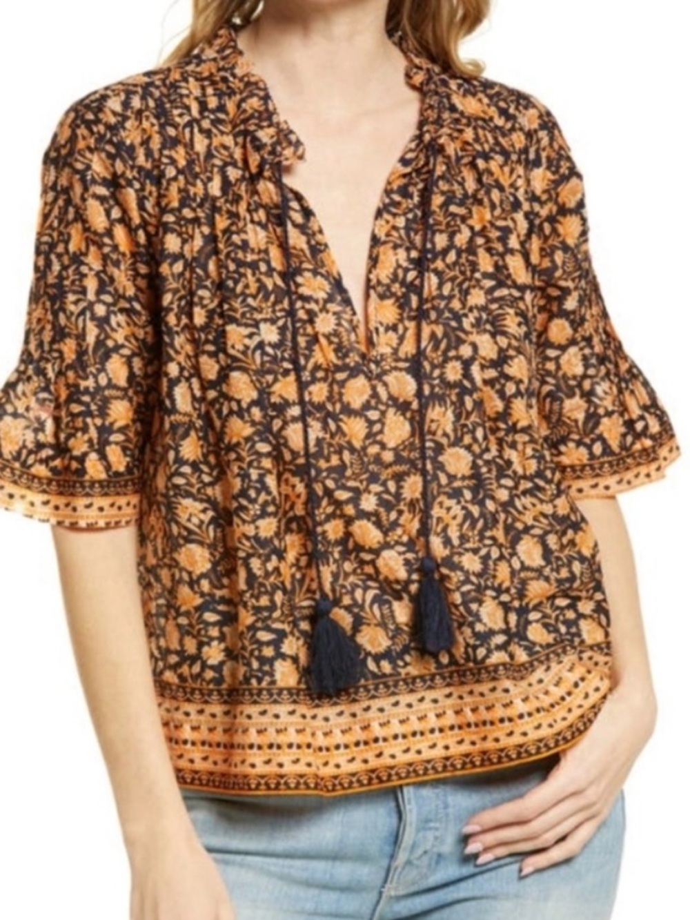 Faherty Size L 100% Organic Cotton Arcadia Wanderlust Floral Boho Blouse Top